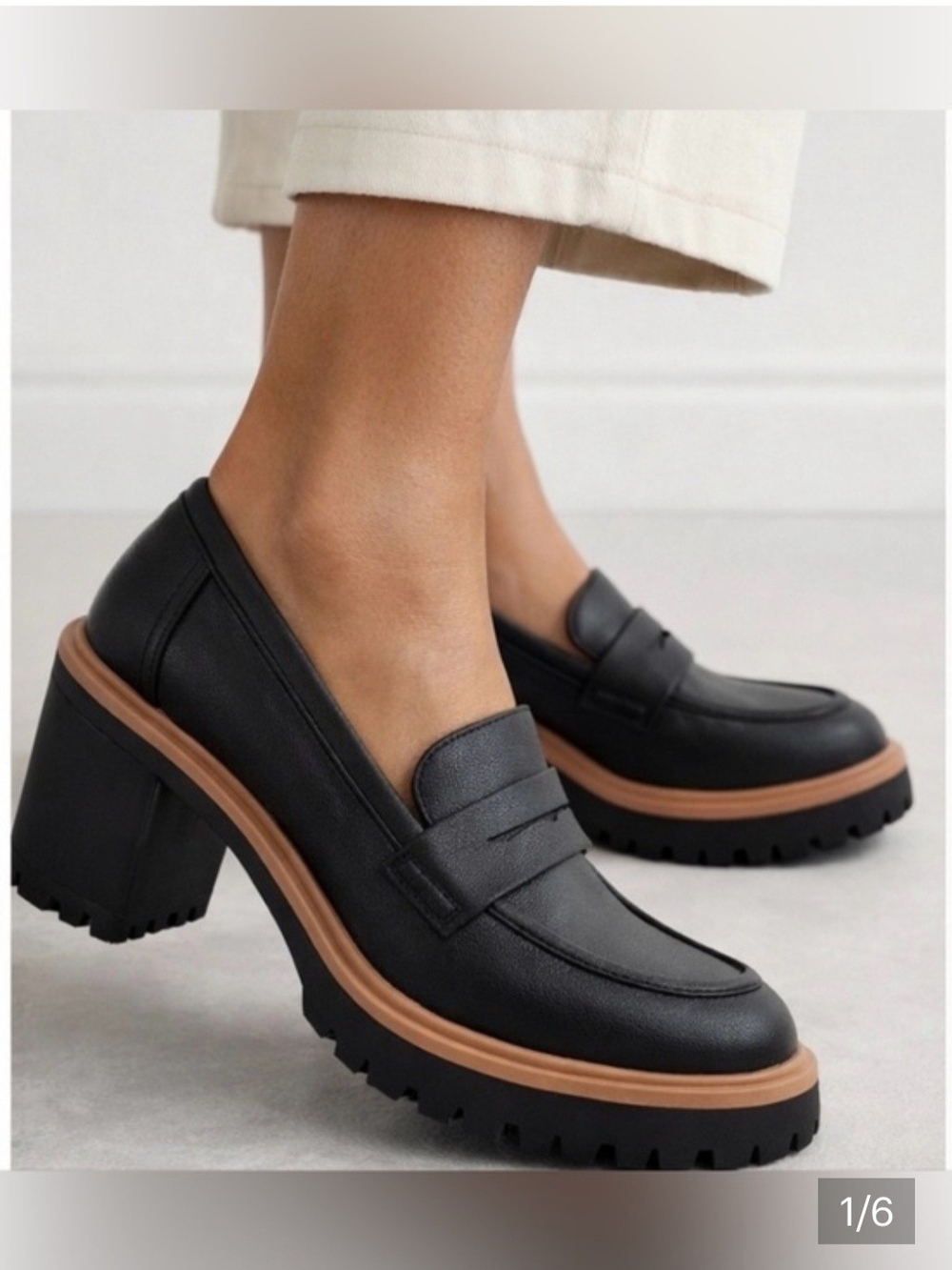 Dolce Vita Platform Black Chunky Heel Loafer with Tan Trim Size 7